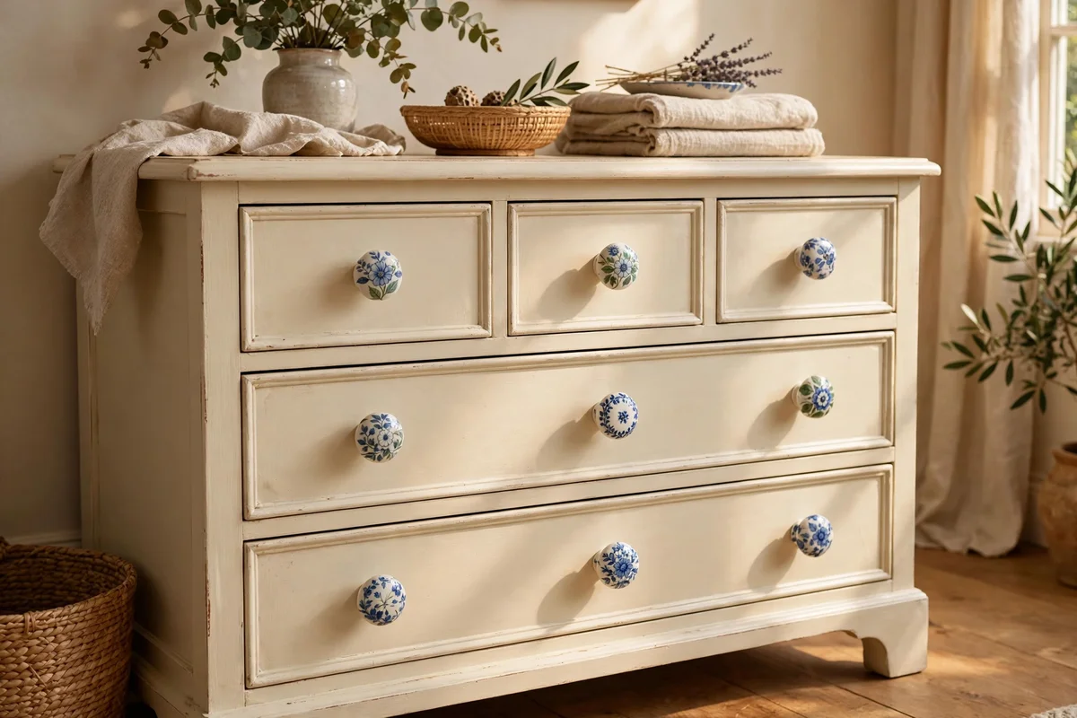 Cream painted dresser with hand painted floral ceramic knobs