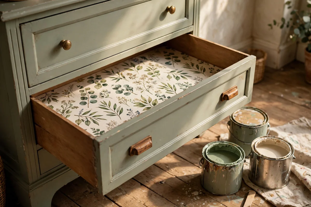 Open painted dresser drawer lined with patterned botanical paper