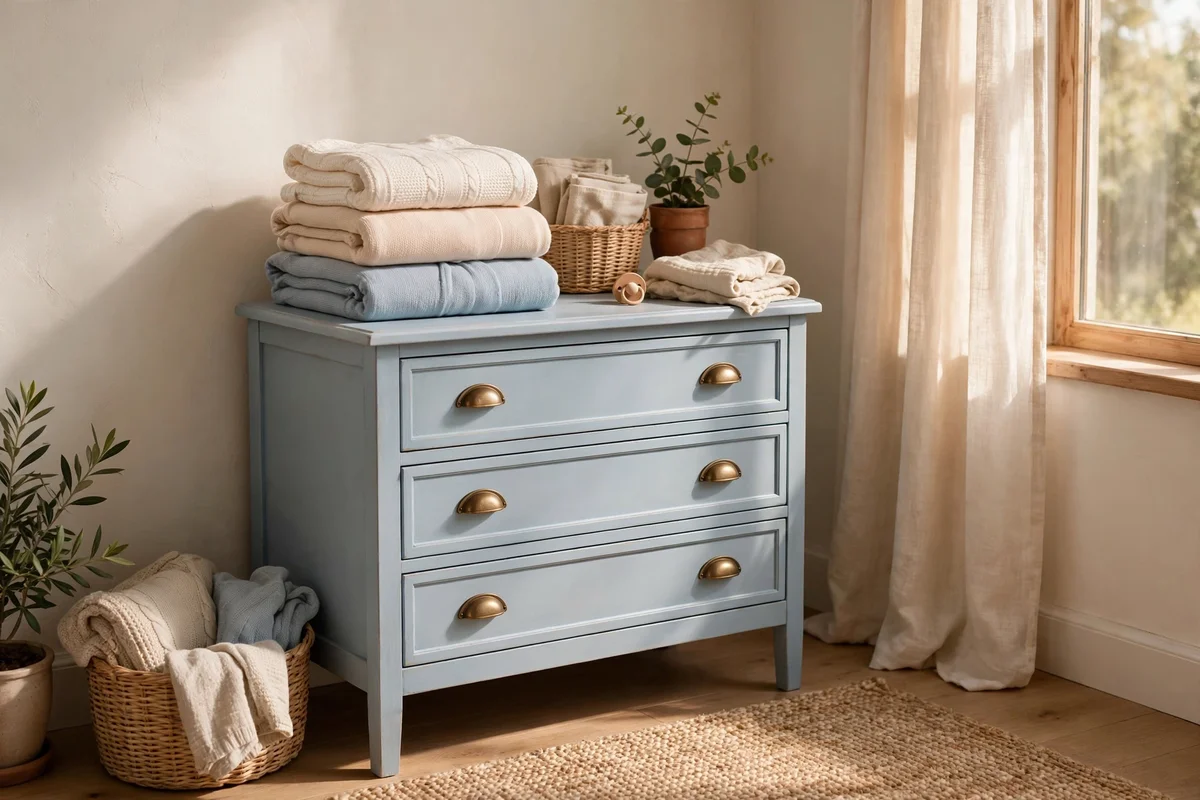 Small dresser painted soft powder blue in a calm nursery corner