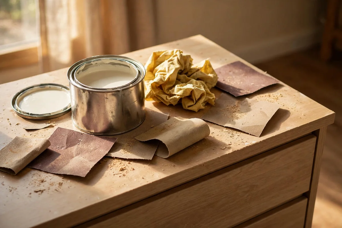 Paint supplies beside a laminate dresser being prepared for painting