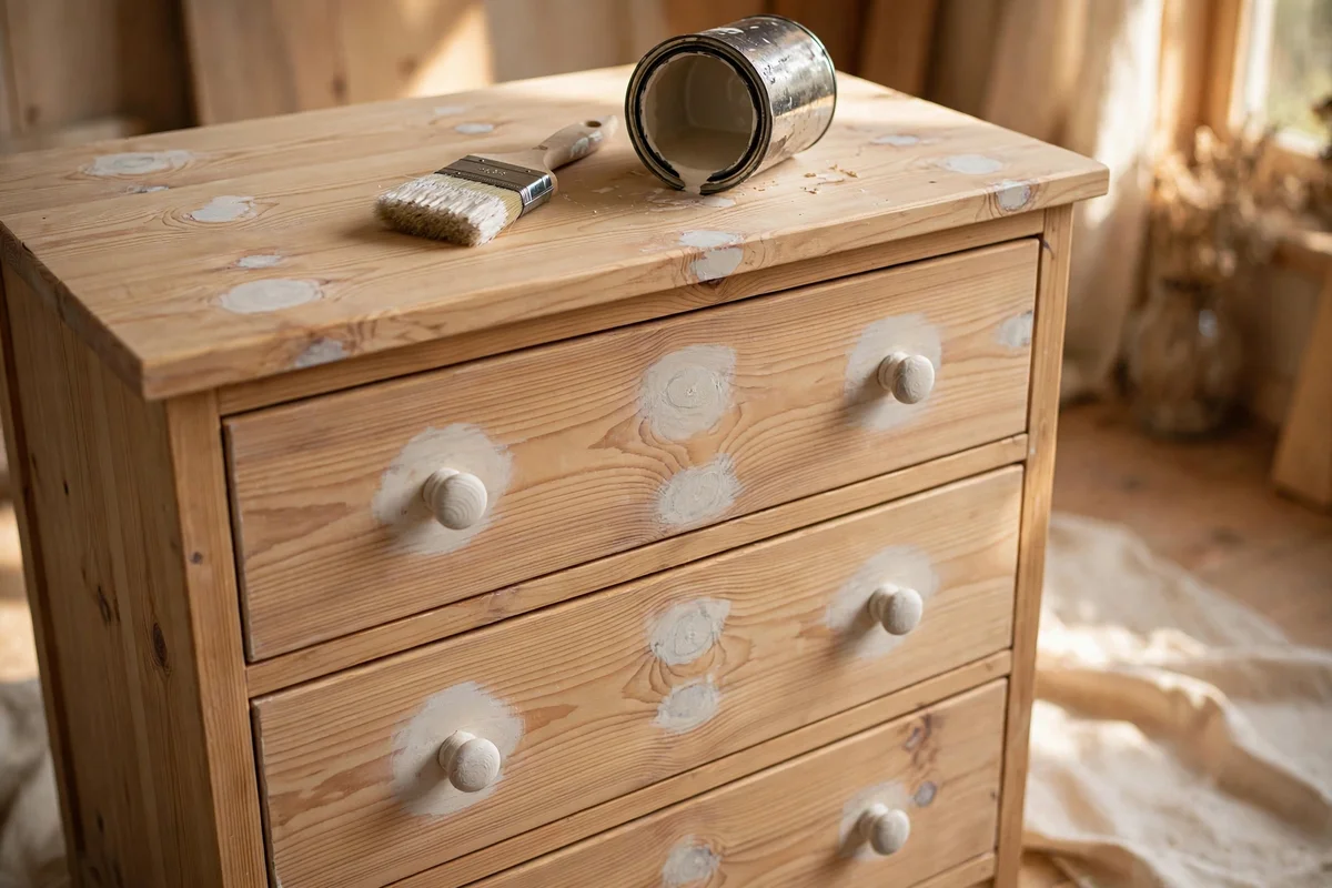 Solid pine dresser with knots sealed, primer tin and brush on top
