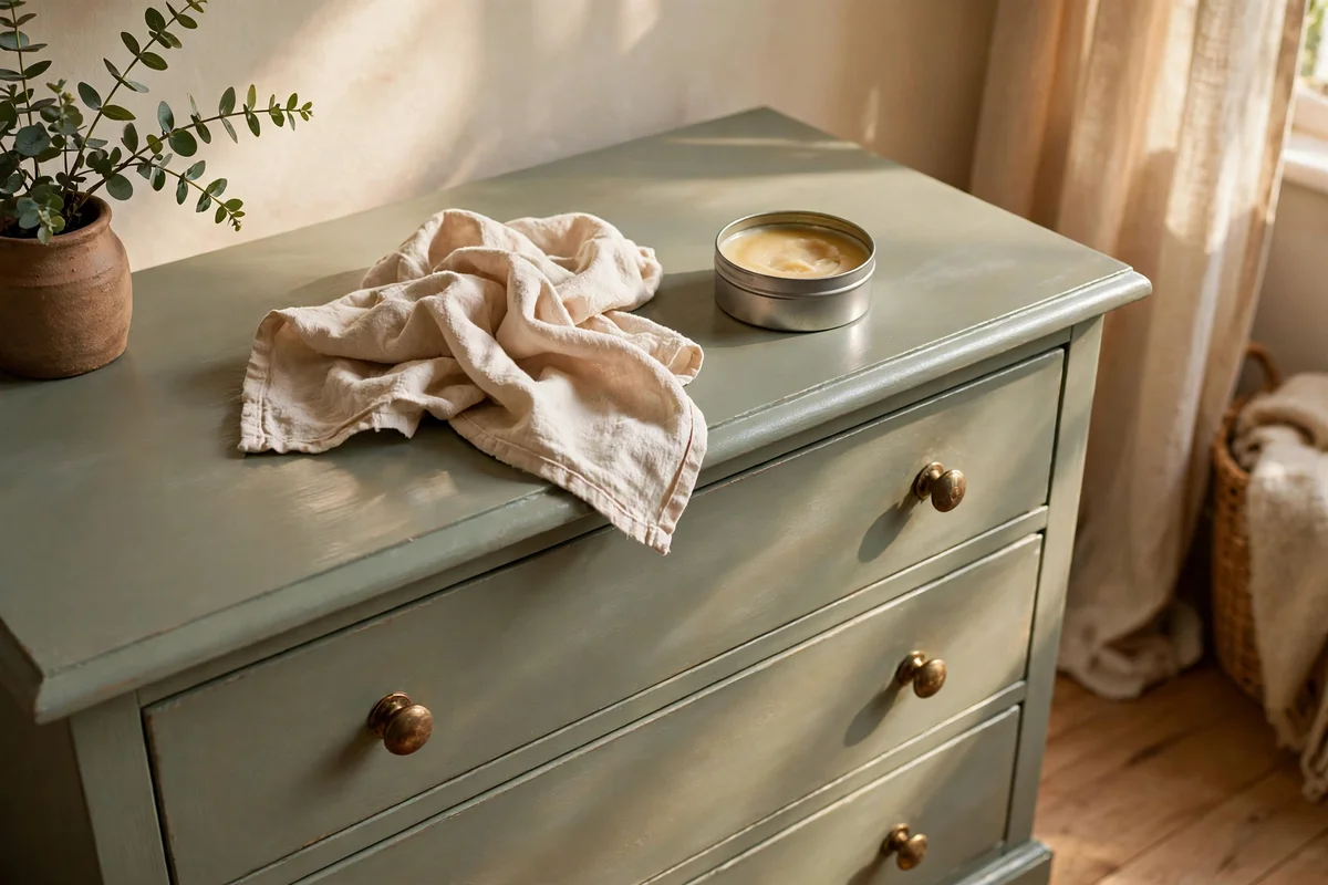 Painted bedroom dresser with an open tin of furniture wax on top