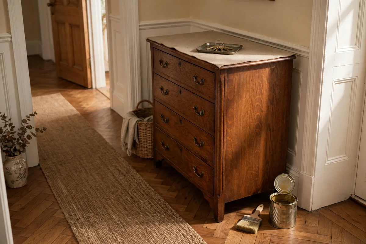 Hallway dresser with varnish tin and brush beside it