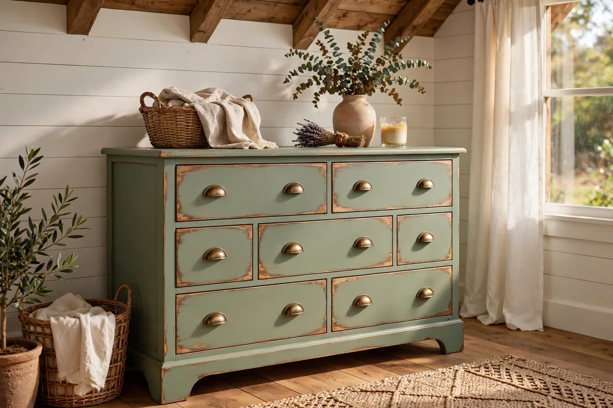 Sage painted dresser with gently sanded edges revealing wood
