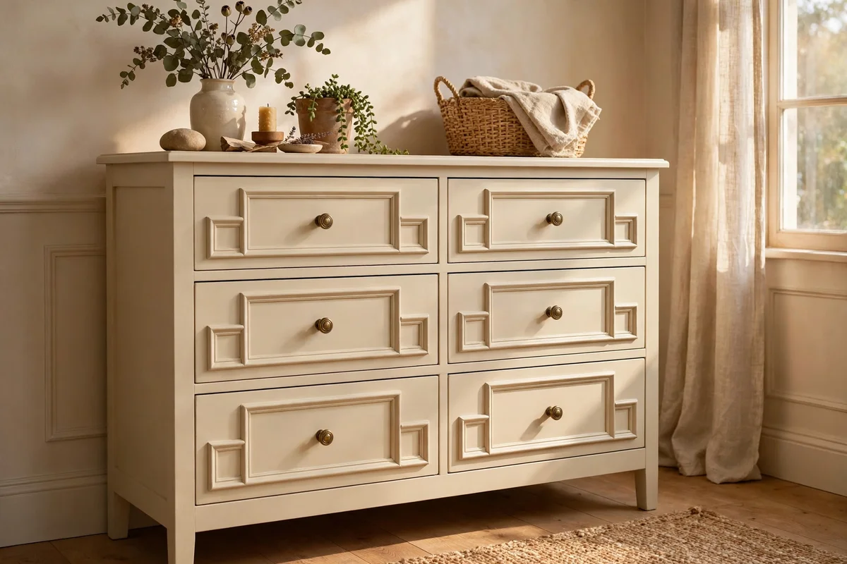 Painted dresser with applied wooden moulding panels on drawer fronts