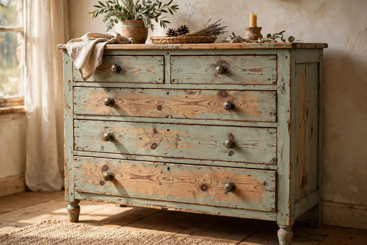 Old pine dresser with a thin sage colour wash over visible grain