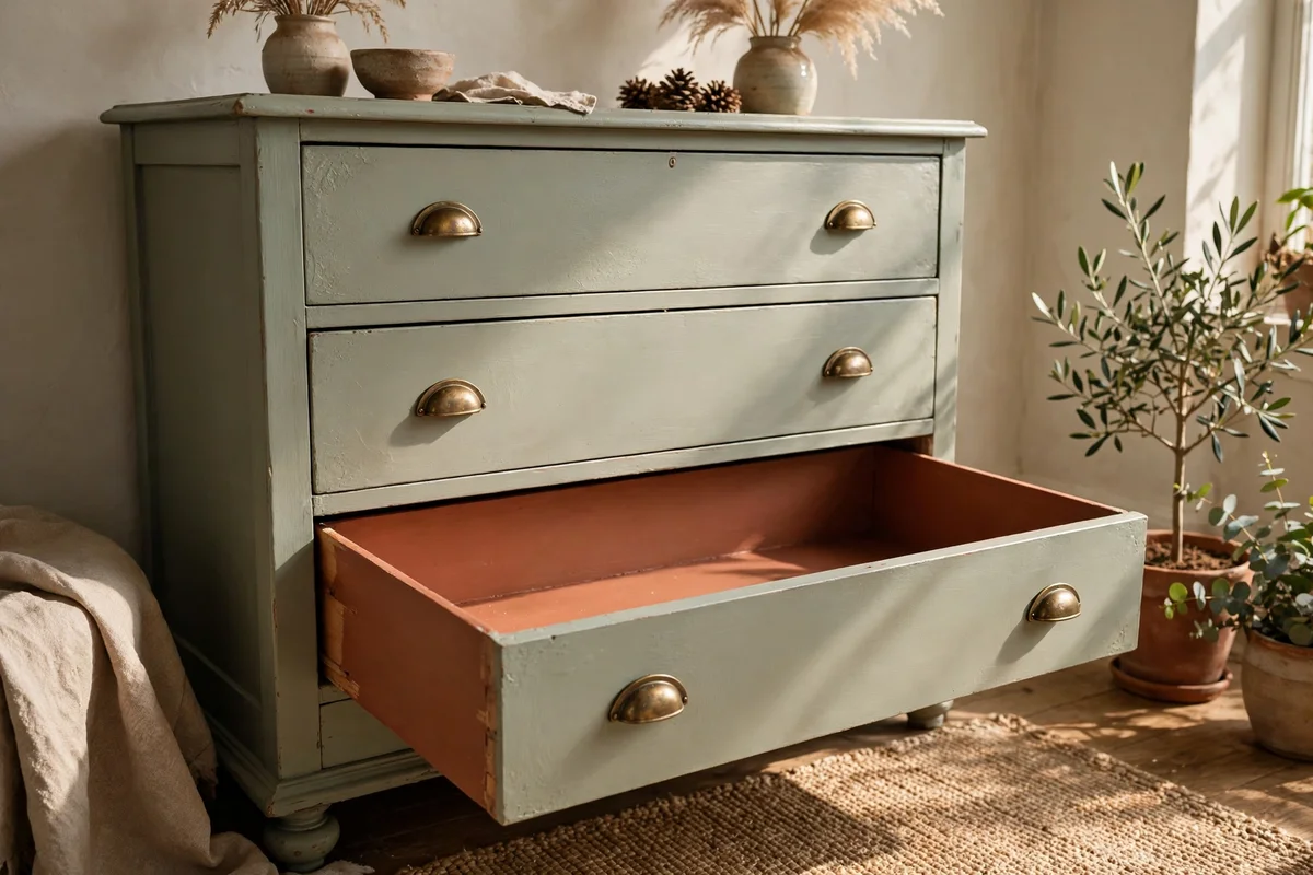 Painted dresser with one drawer open showing terracotta drawer sides