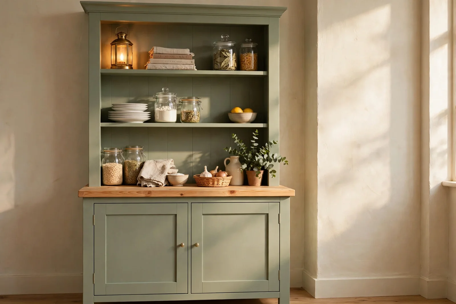 Painted sage hutch with natural pine worktop and styled shelves in warm light
