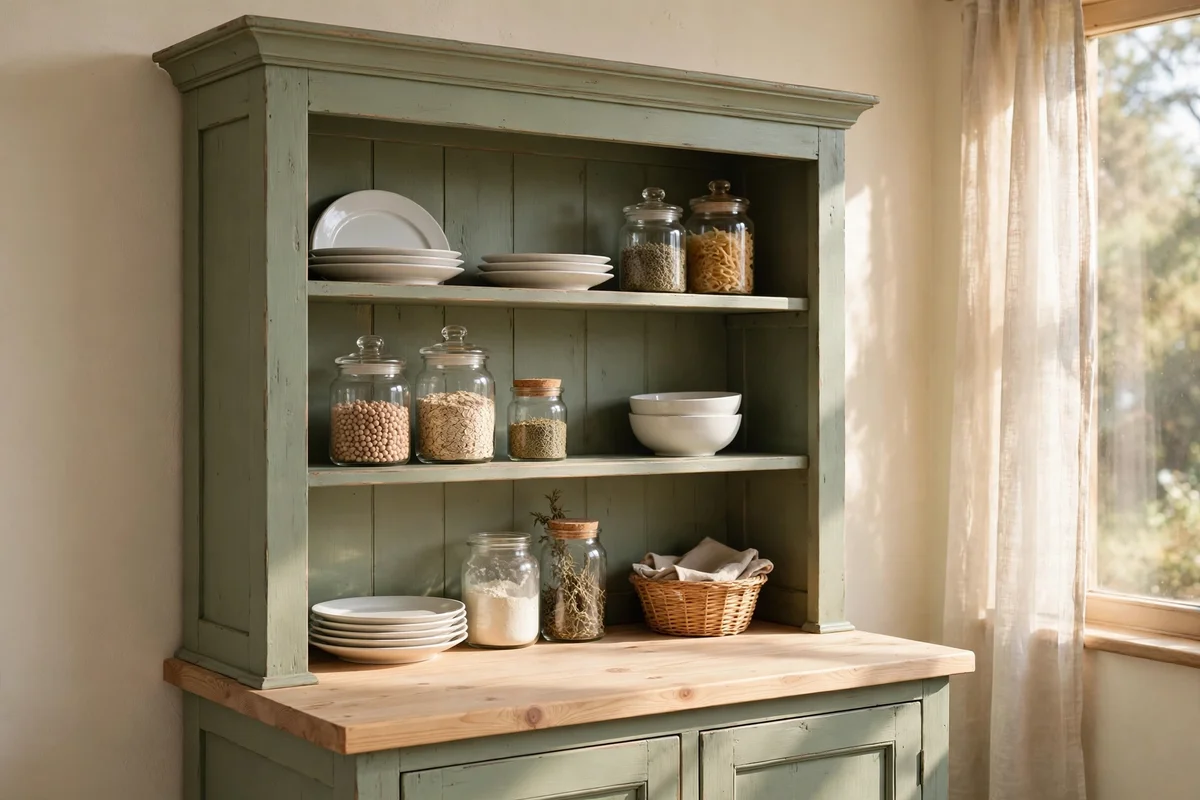 Painted sage hutch frame with natural pine worktop styled with plates and jars