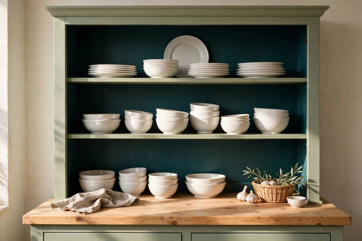 Hutch shelves with deep teal back panel making white crockery glow