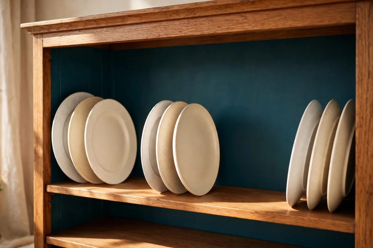 Hutch shelf with plates grouped in threes and generous breathing space