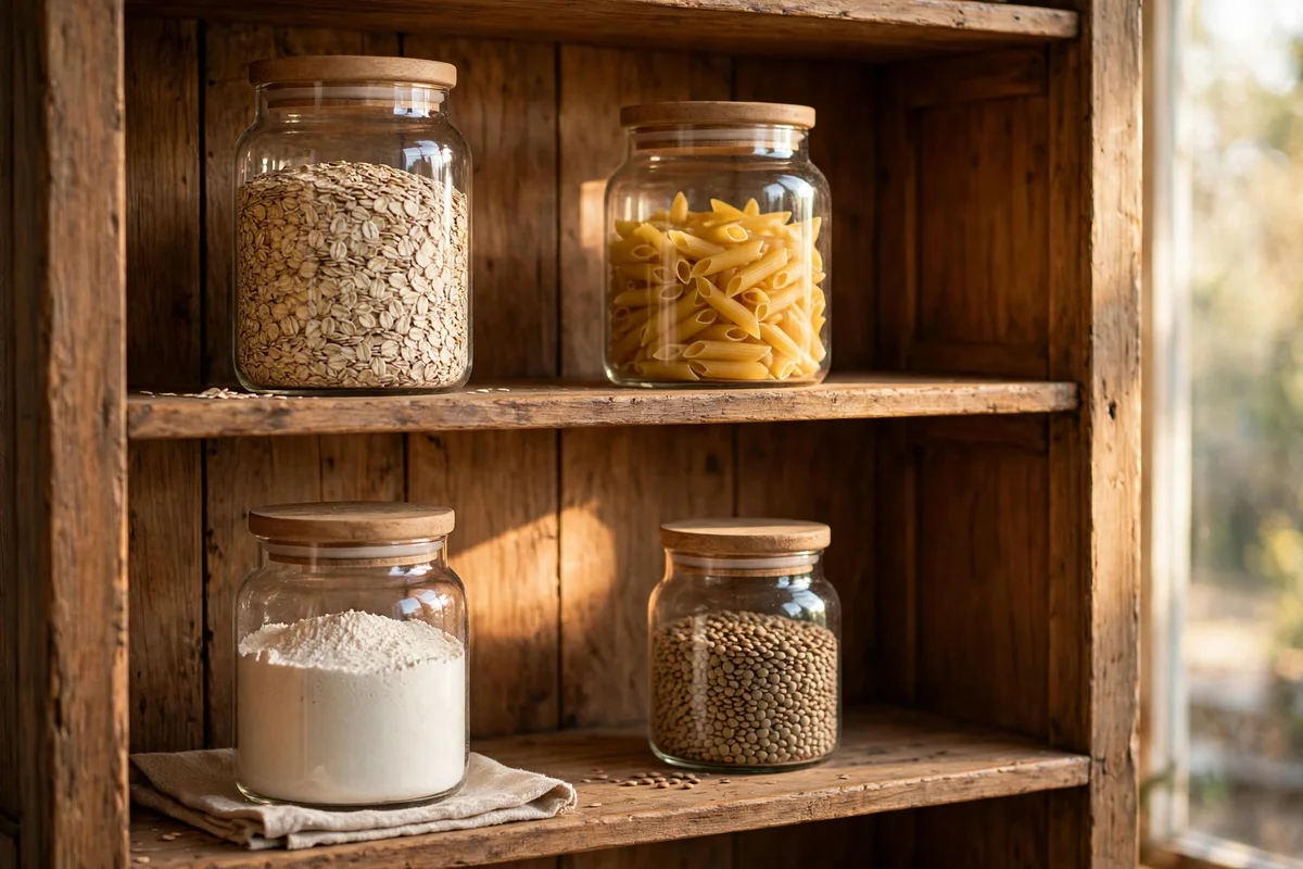Glass pantry jars in graded heights lined along a hutch shelf