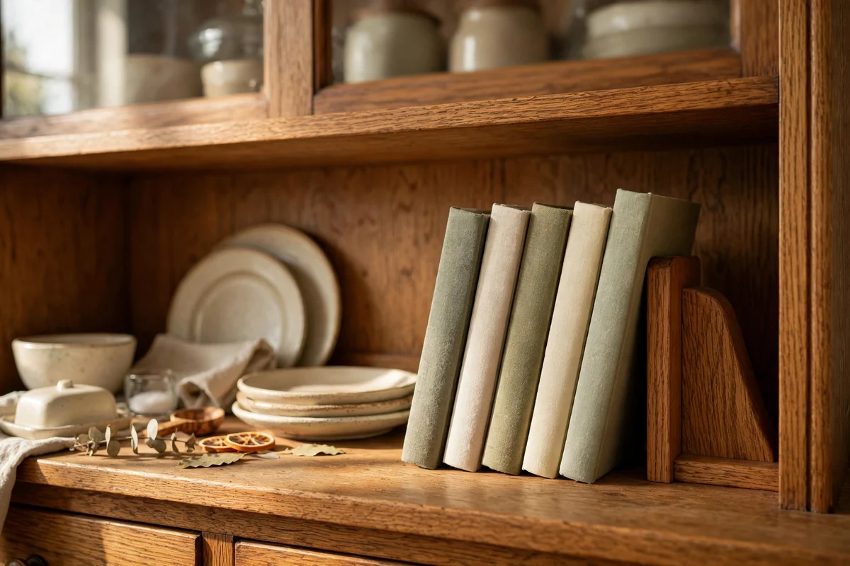 Cookbooks leaning against a wooden bookend on a hutch shelf