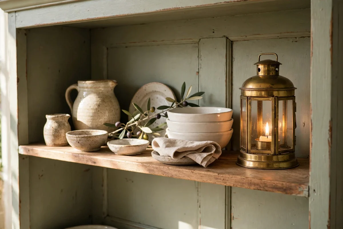 Brass candle lantern glowing on the top shelf of a painted hutch