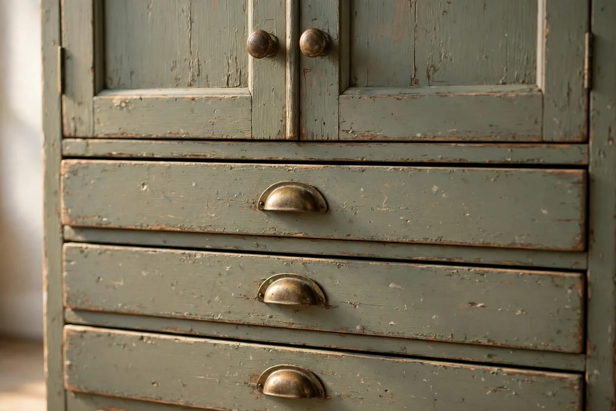 Aged brass cup pulls and round knobs on a painted hutch