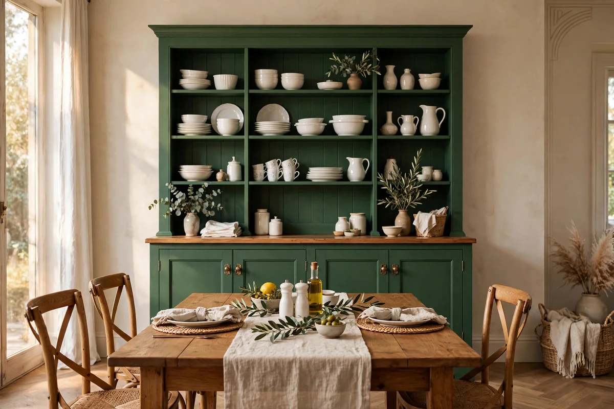 Forest green painted hutch anchoring a dining room wall behind the table