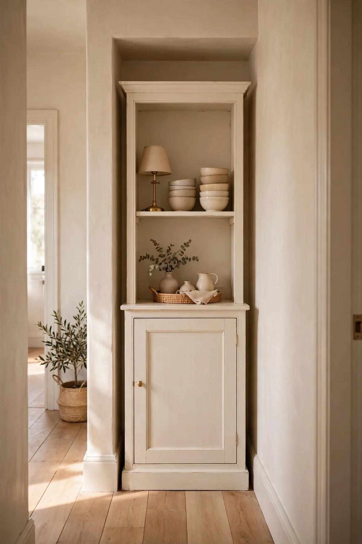 Slim cream hutch styled in a narrow hallway alcove with a small lamp