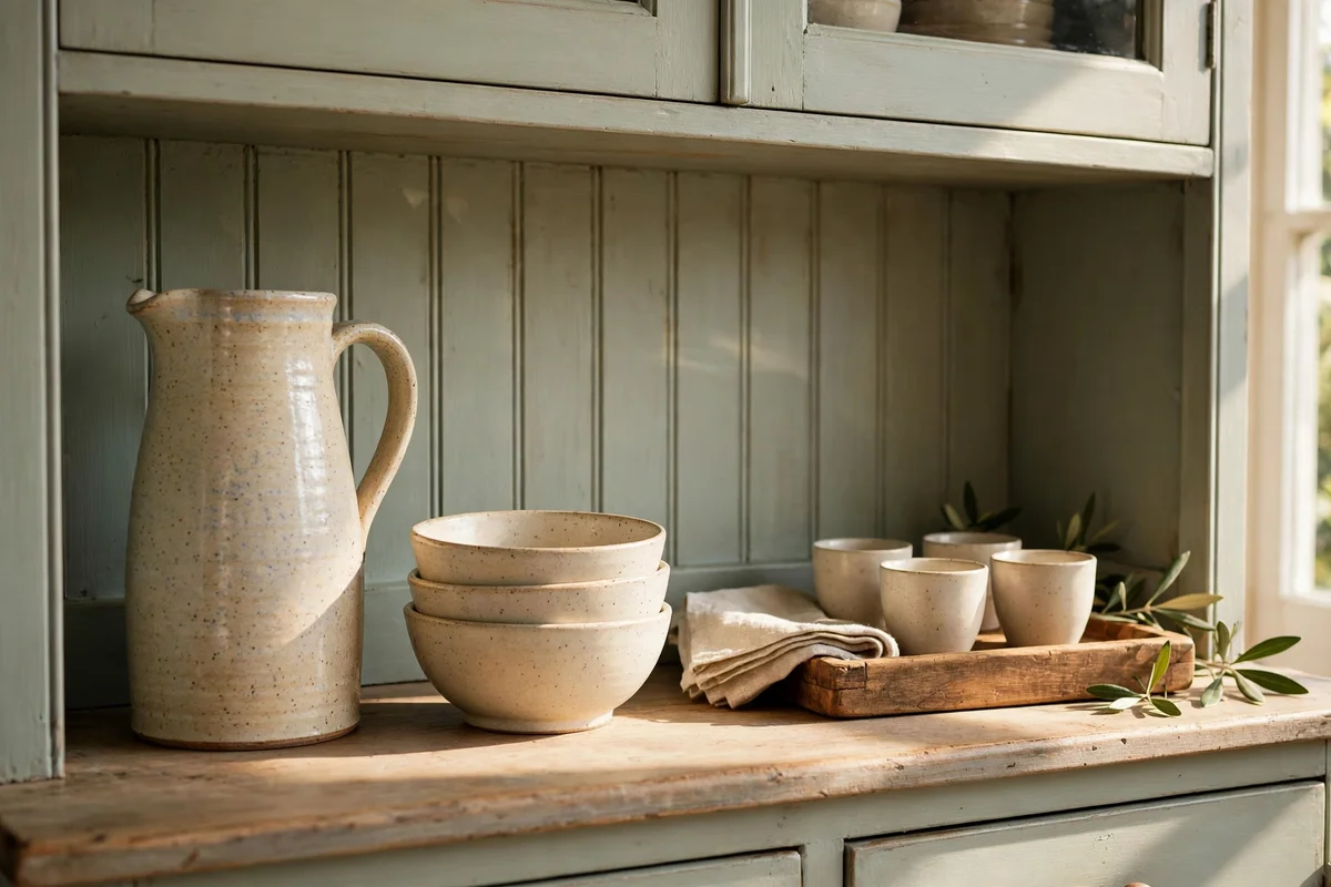 Pitcher, stacked bowls and wooden tray styled on a hutch middle shelf