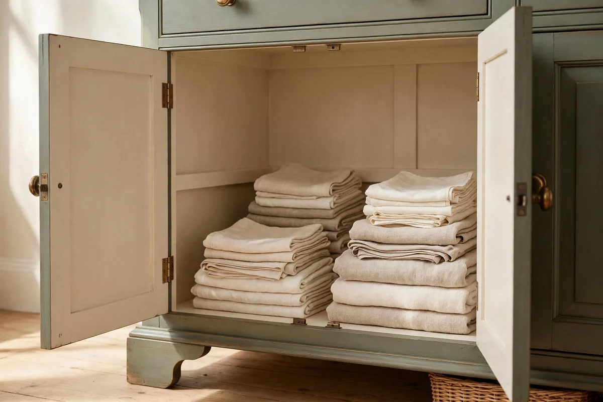 Sage hutch doors open to show light cream painted interiors