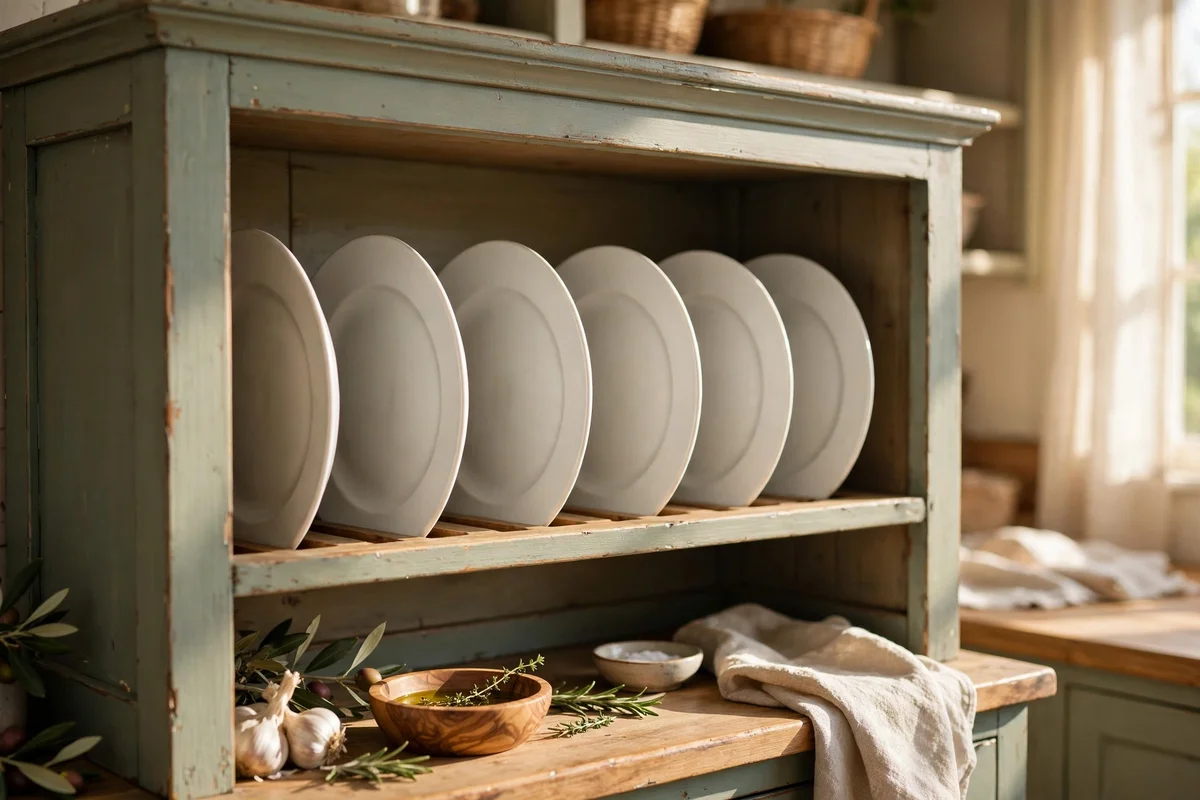 Dinner plates standing upright in a plate groove on a hutch shelf