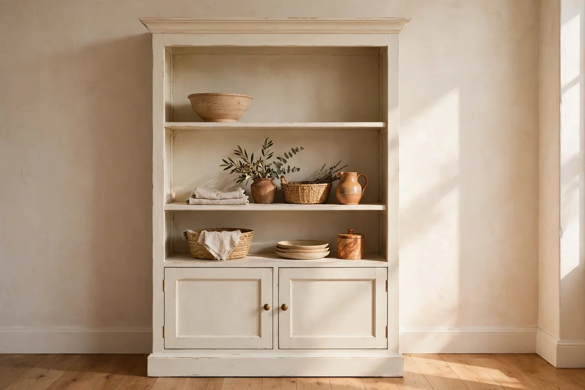 Nearly empty hutch shelf with a single bowl and generous clear space