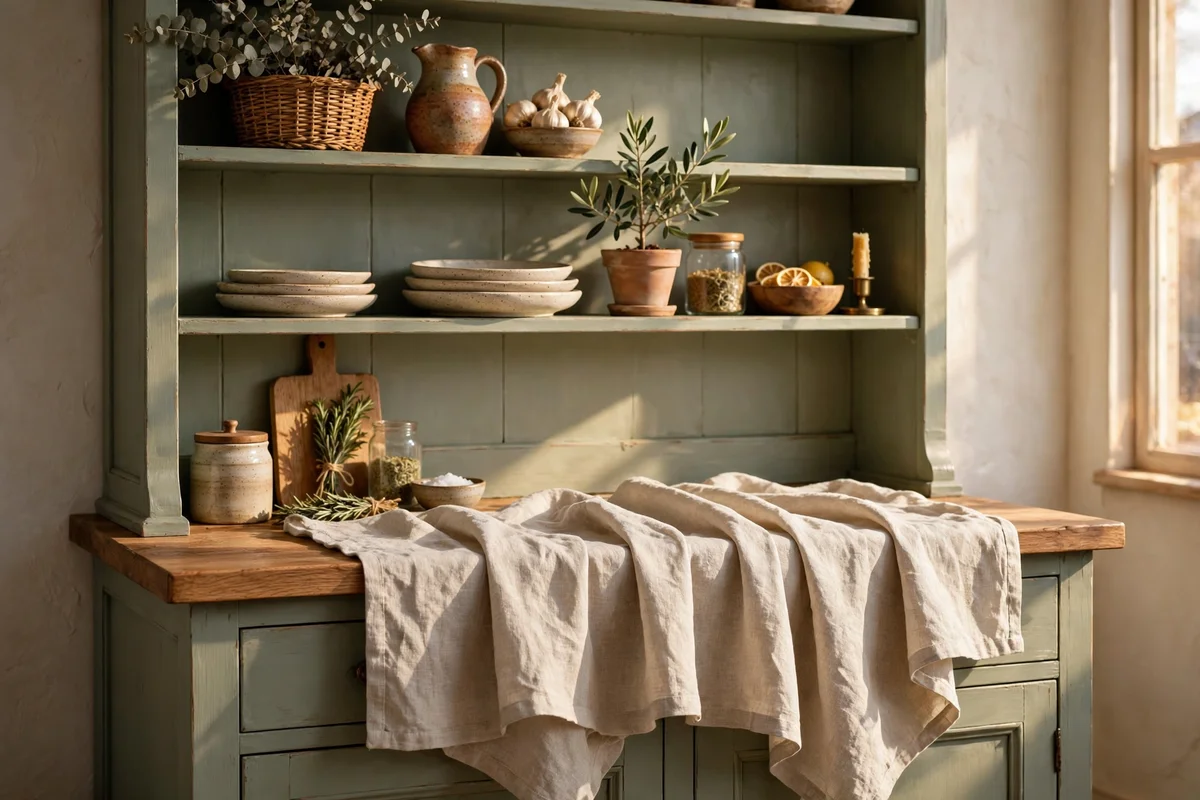 Folded linen runner draped over the edge of a hutch worktop