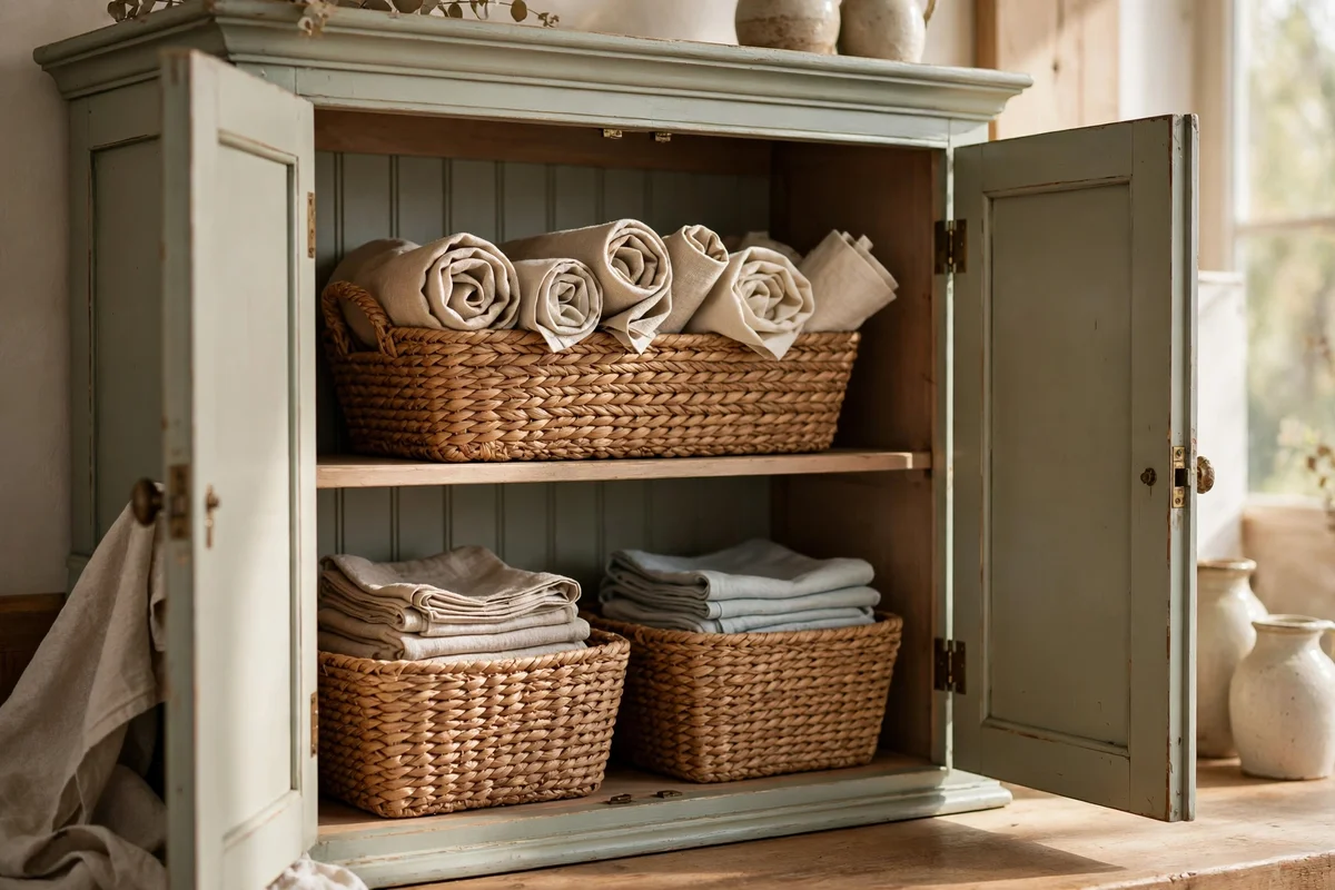 Woven baskets of table linens organised inside a hutch cupboard