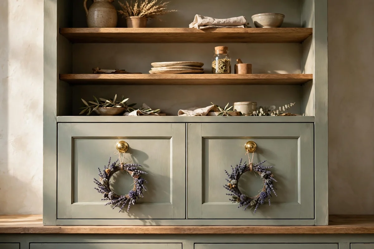 Small dried lavender wreaths hanging from hutch cupboard knobs