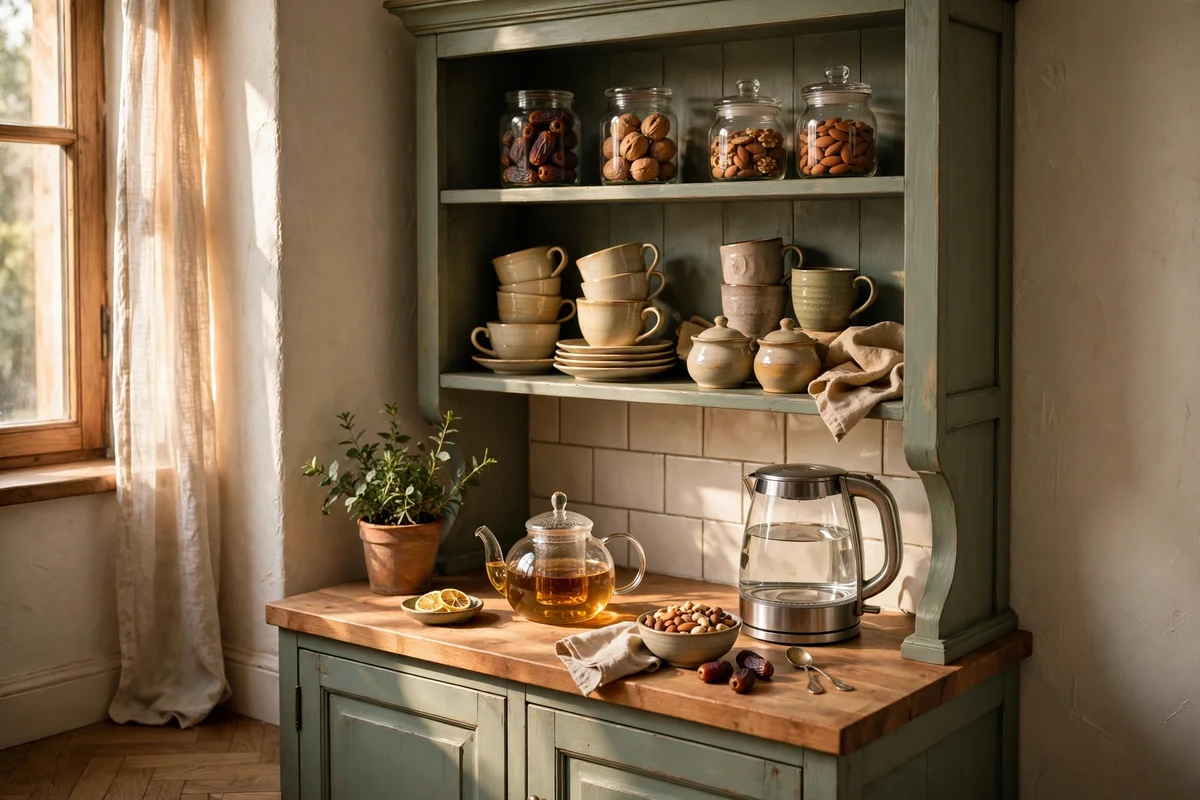 Painted hutch styled as a family tea and refreshment station in a kitchen