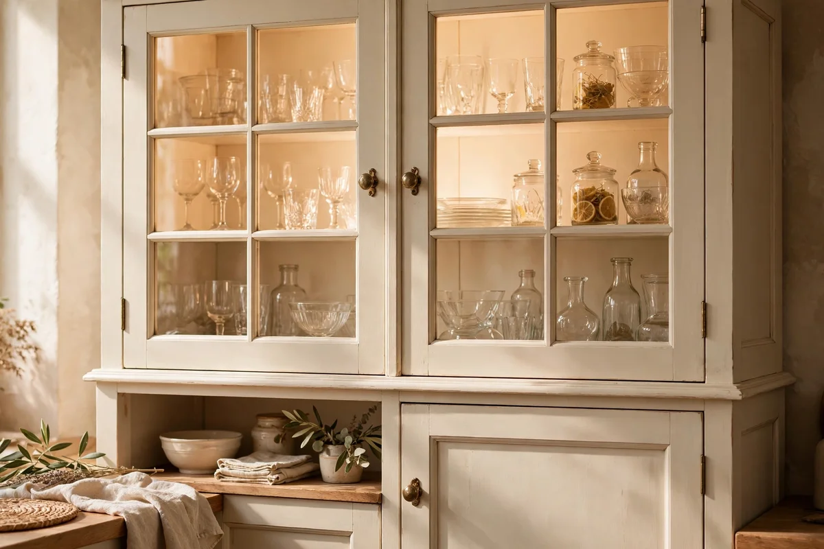 Glass fronted hutch doors with warm cream painted interior behind glassware