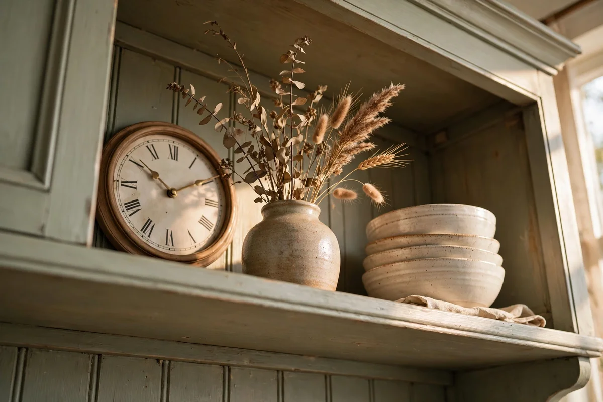 Clock, vase with dried stems and stacked bowls on a hutch top shelf