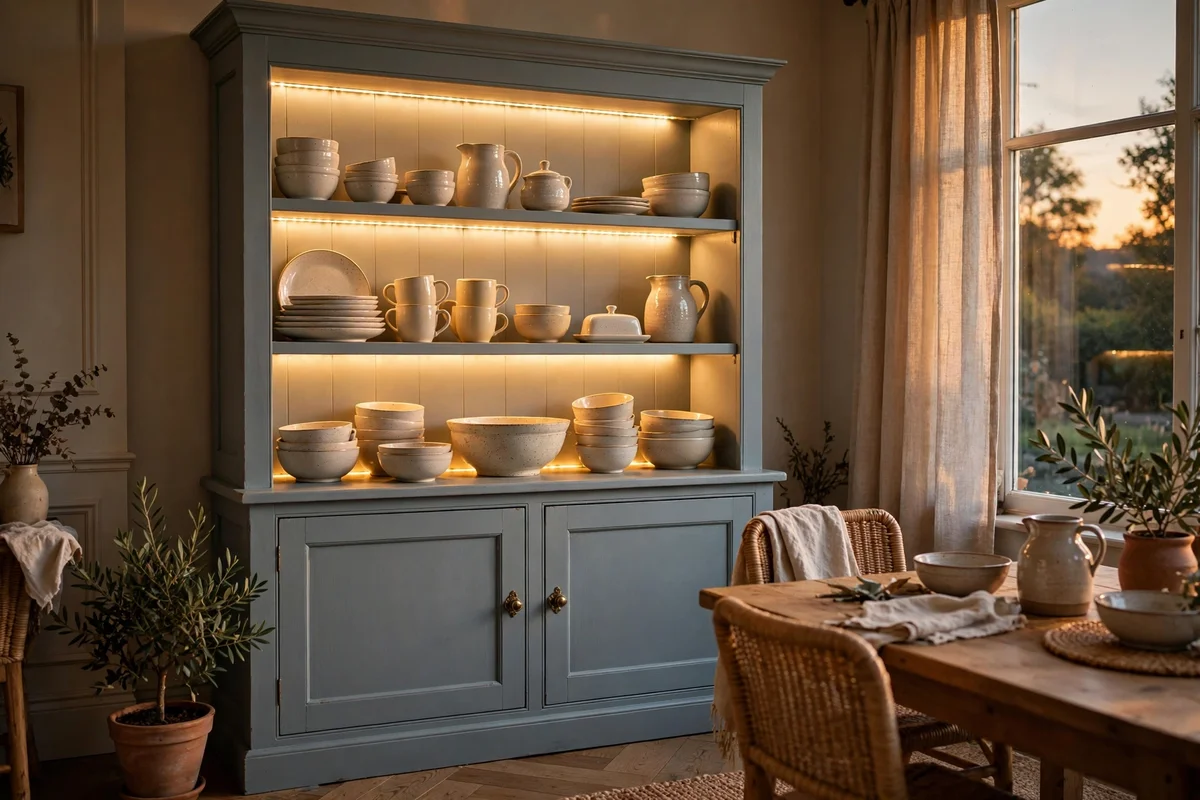 Warm LED strip lighting glowing under painted hutch shelves at dusk