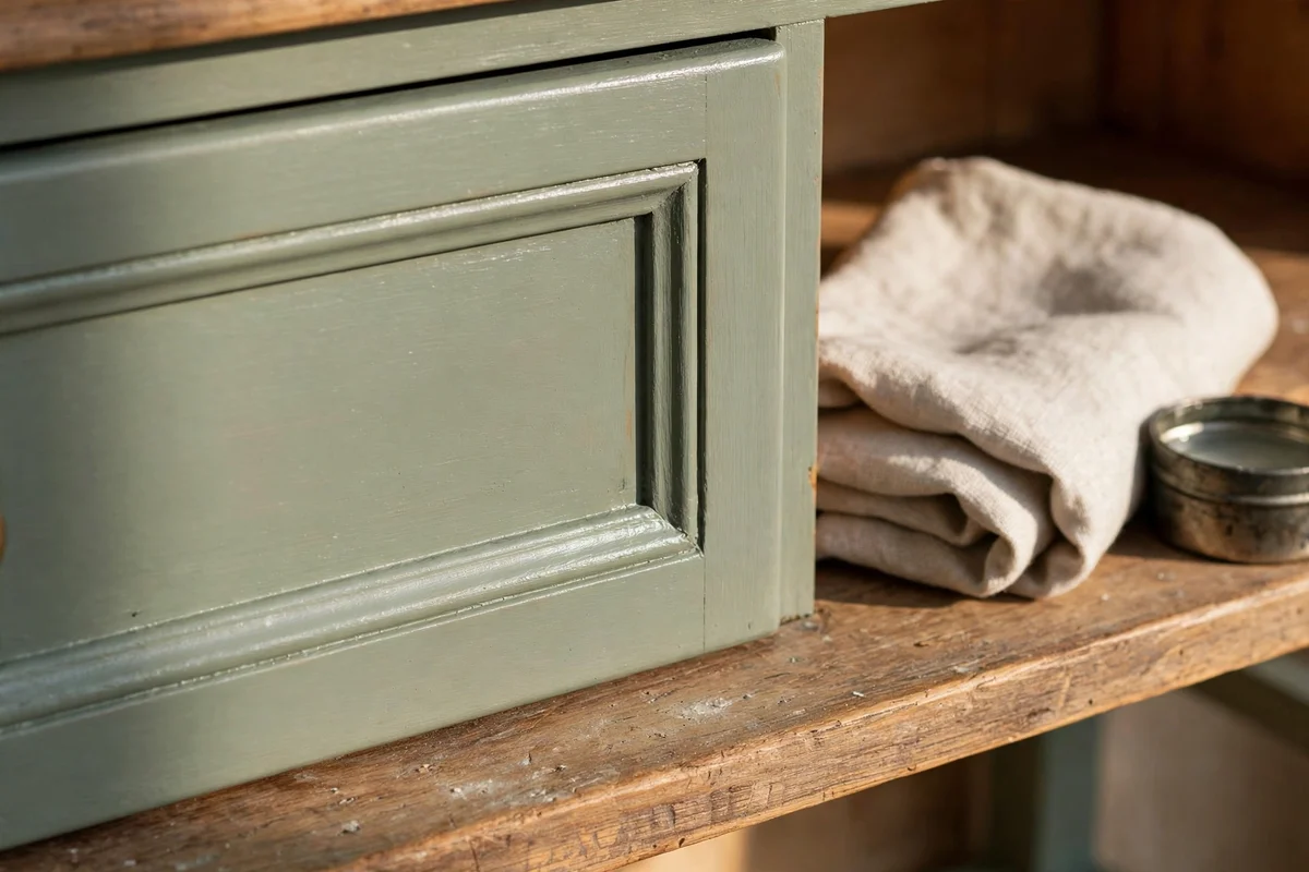Freshly waxed painted hutch wood with a soft protective sheen
