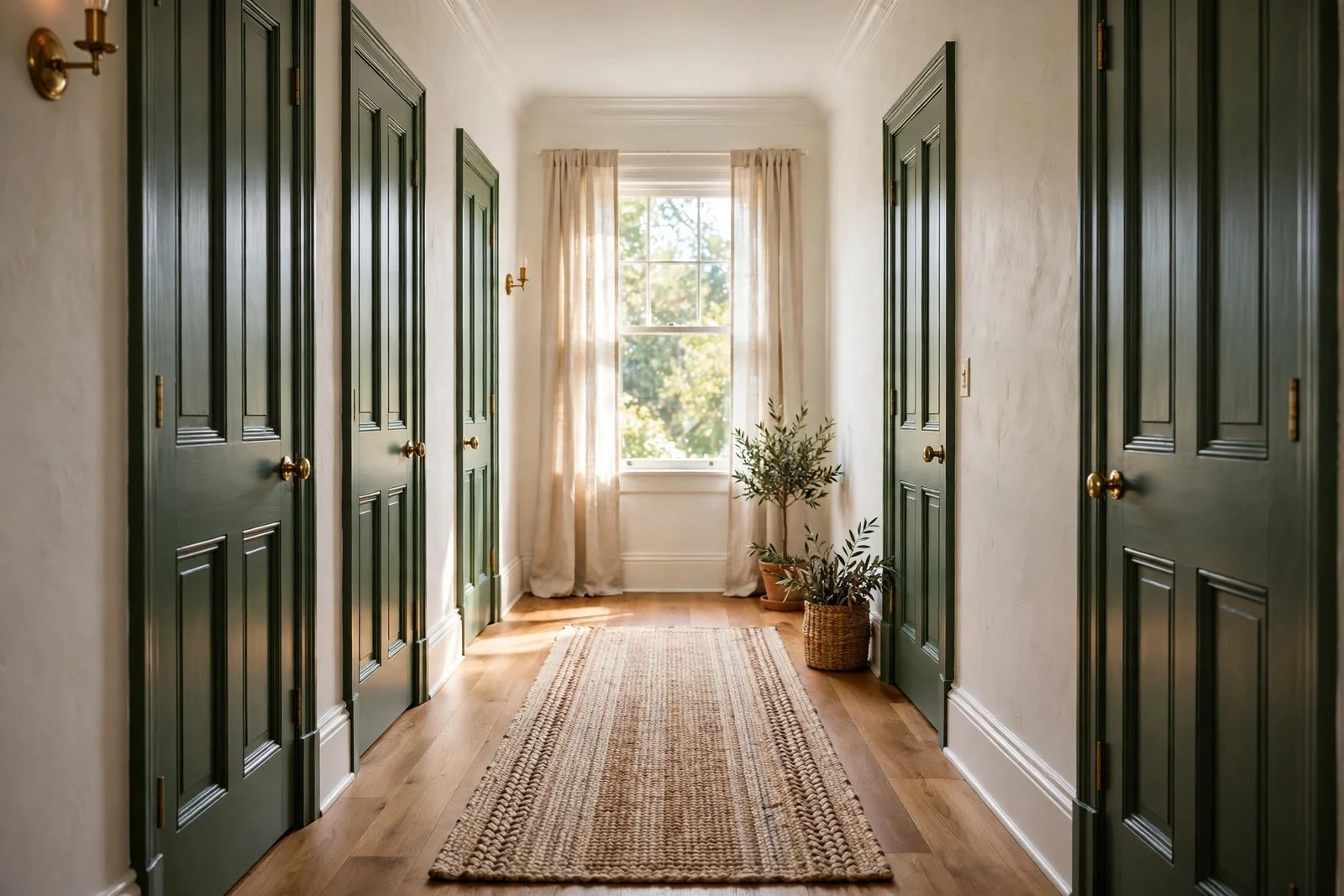 Hallway with panelled interior doors painted deep heritage green, warm white walls and a woven runner