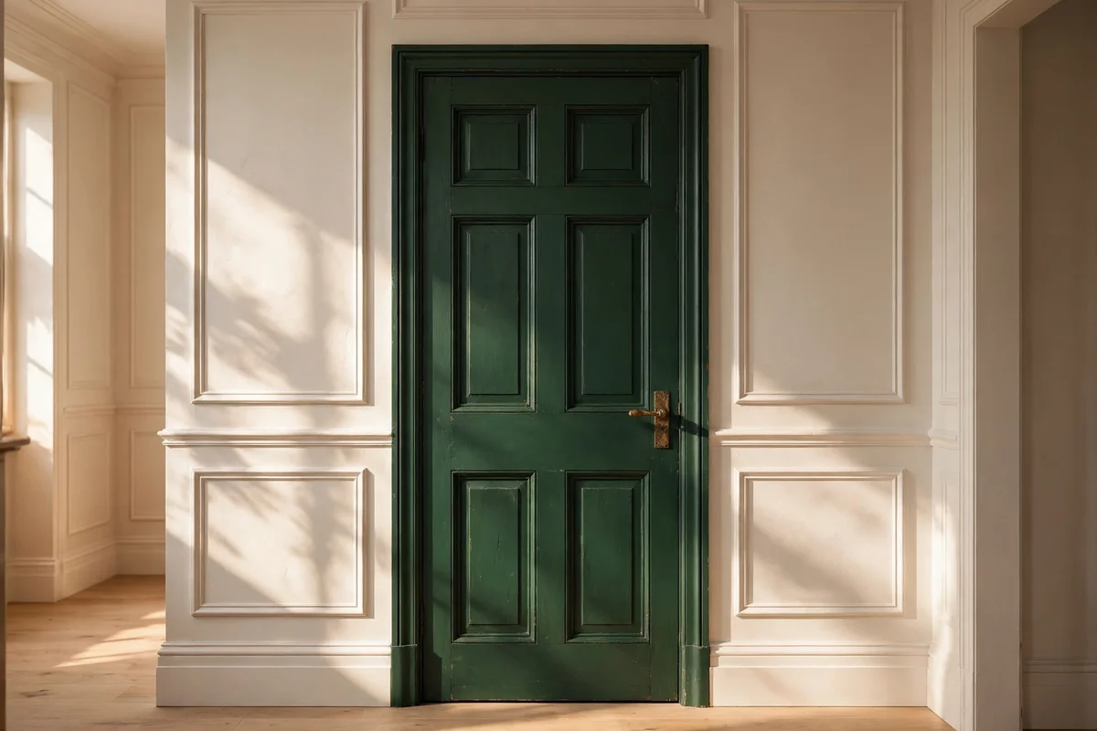 A panelled interior door painted deep heritage green with an aged brass handle in a warm white hallway