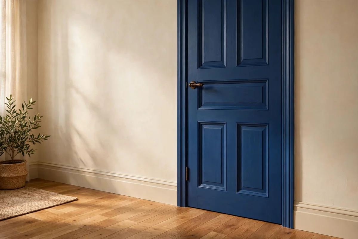 A bedroom door painted inky blue with a bronze handle beside cream walls and oak flooring