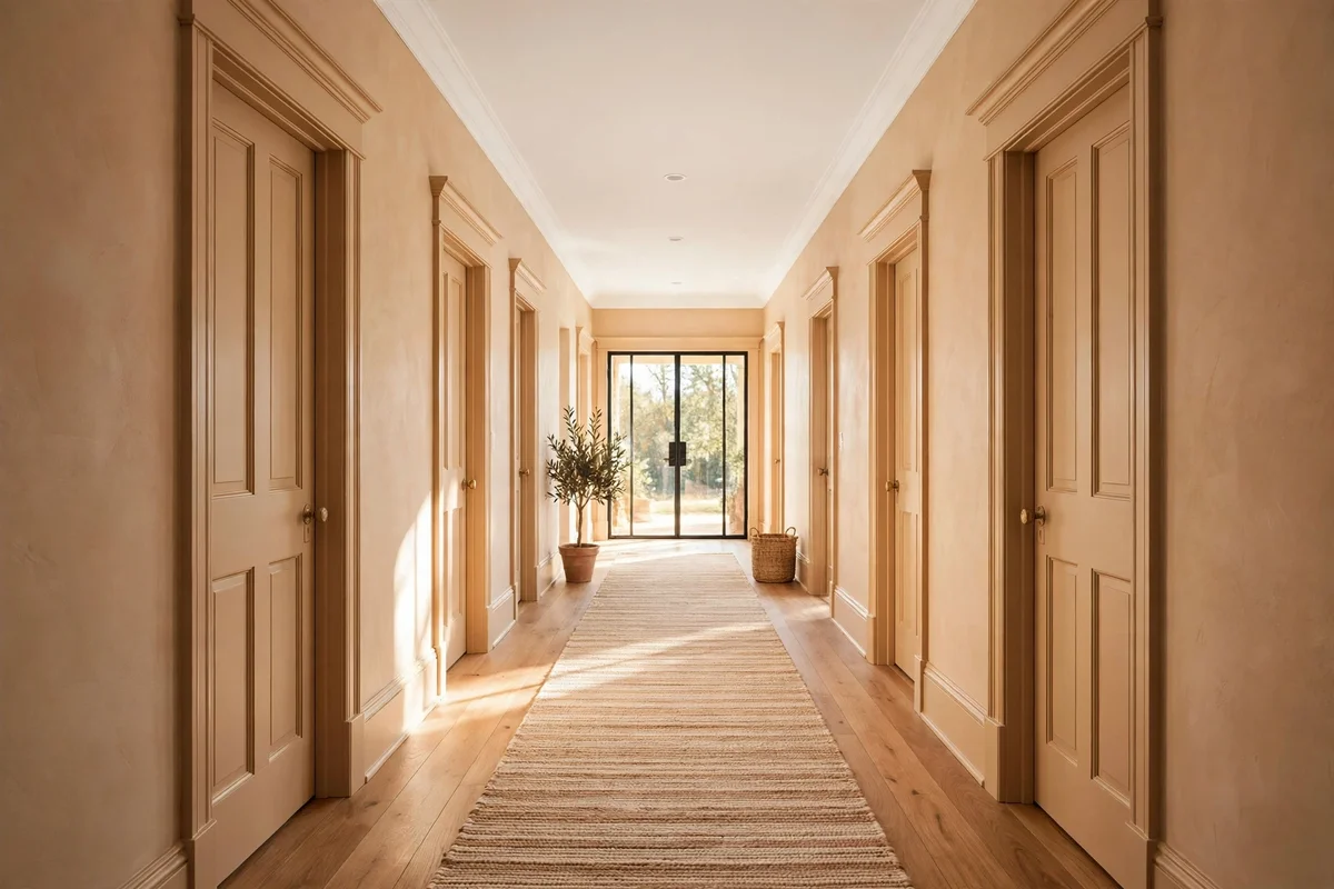 A long hallway with doors, architraves and skirting all painted warm putty with a woven runner