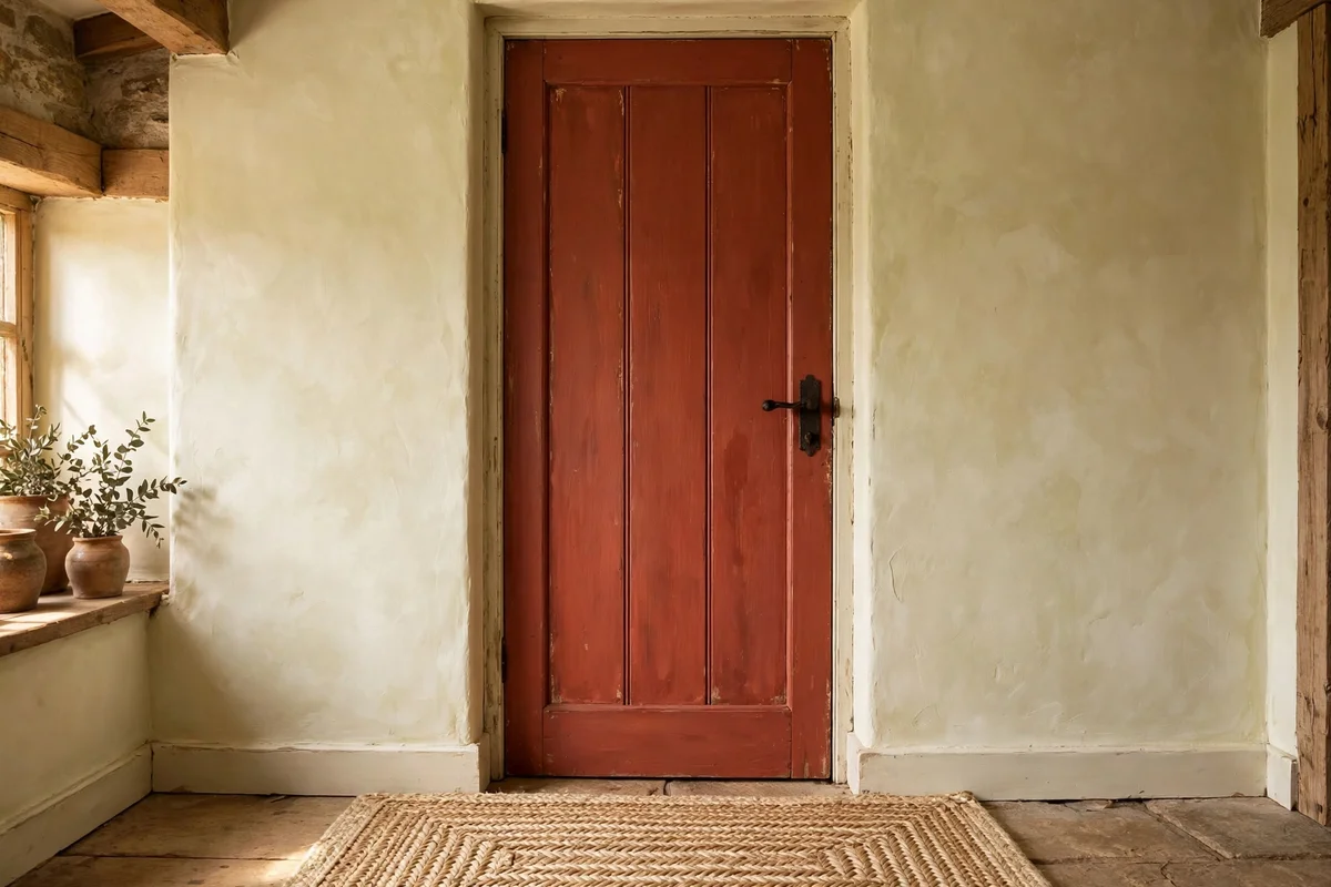 A cottage door painted clay red with a black iron handle against cream limewash walls