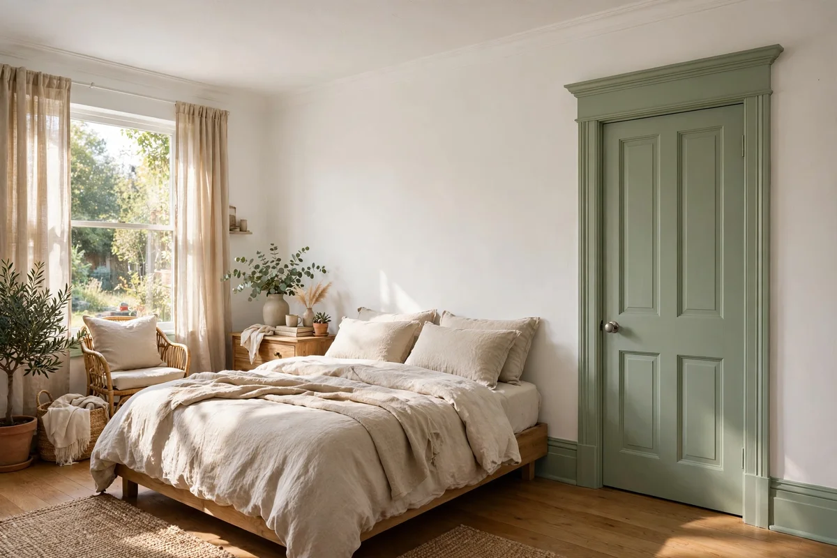 A bedroom with door, architrave and skirting all painted soft sage green