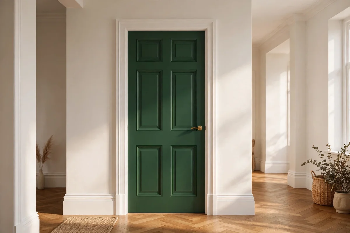 A deep green panelled door framed by crisp white architrave and skirting