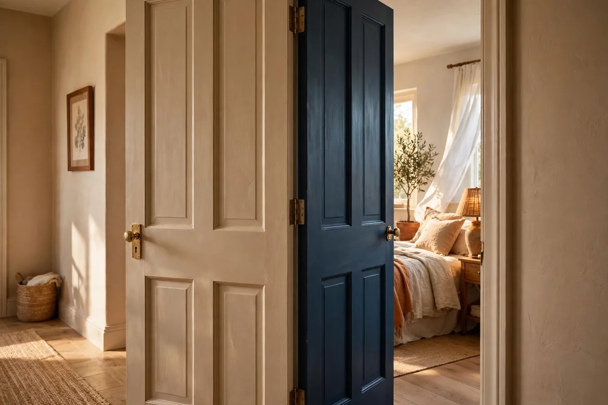 A half-open door with a warm putty face toward the hallway and an inky blue face toward the bedroom