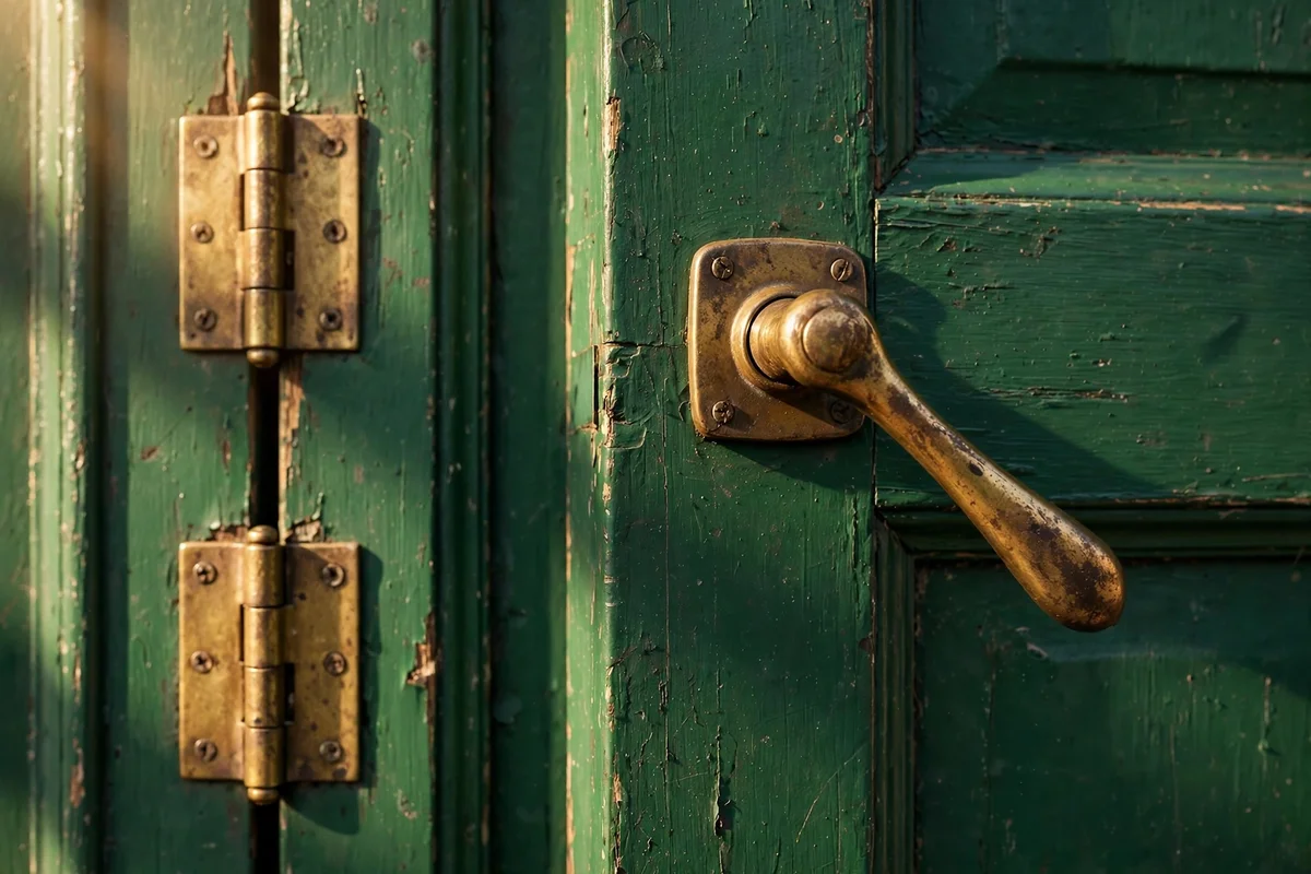 Close-up of a deep green painted door with an aged brass lever handle and matching hinges