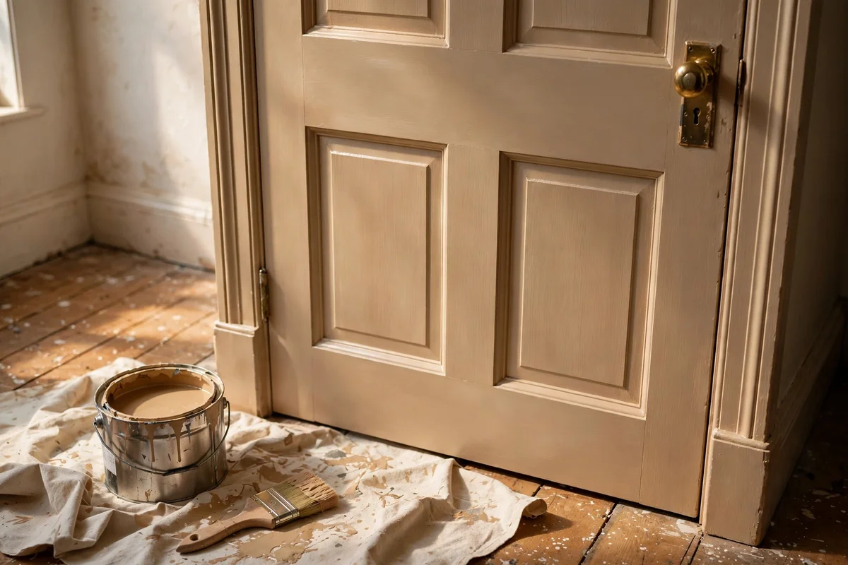 A satinwood-finish painted interior door with a paint tin and brush on a dust sheet