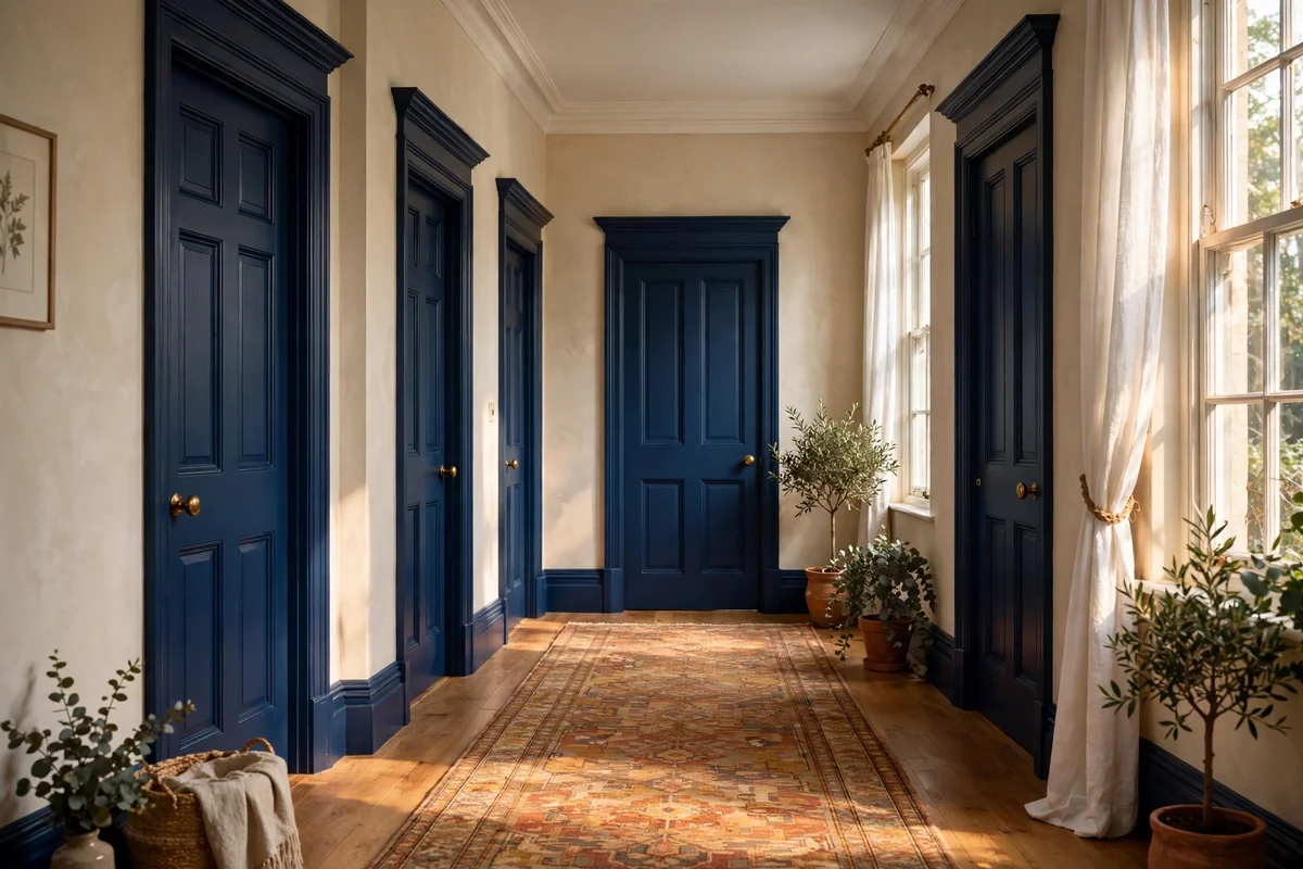 A hallway with five panelled doors all painted deep inky blue with matching trim