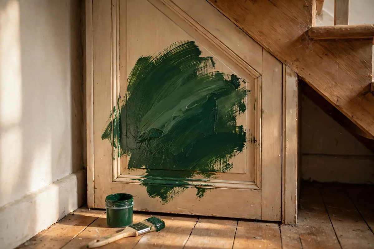 A large test swatch of deep green paint on an understairs cupboard door