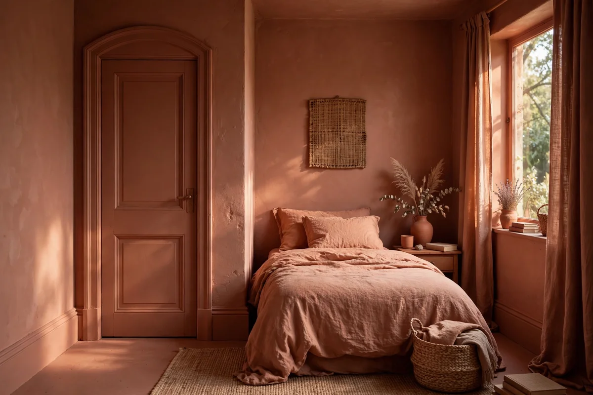 A small bedroom colour drenched in muted terracotta with the door, trim and walls one shade