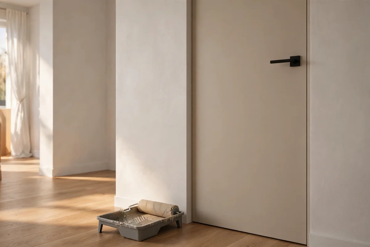 A flat flush interior door painted soft matte warm greige with a foam roller nearby
