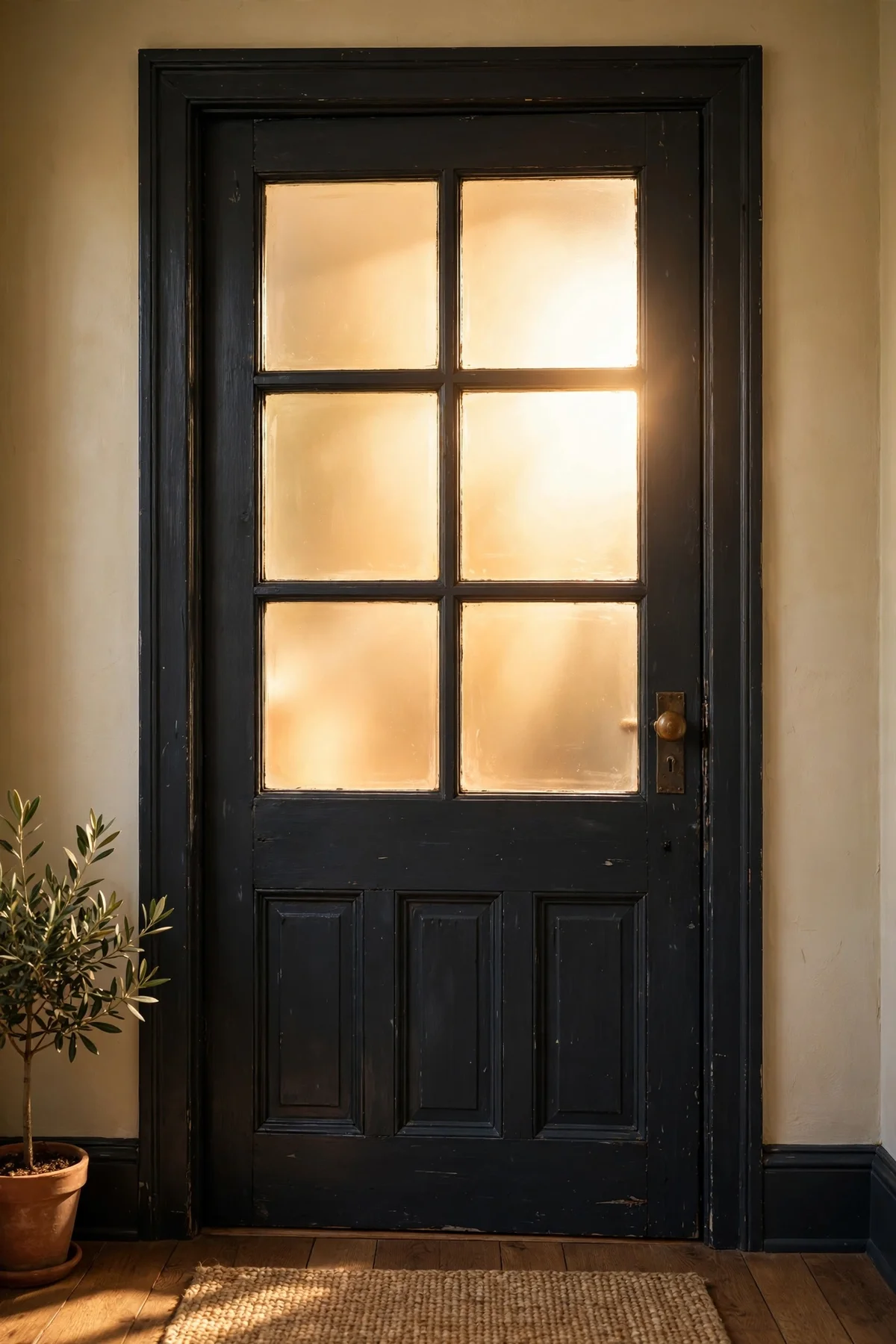 An interior door with frosted glazed panes framed by deep charcoal painted wood