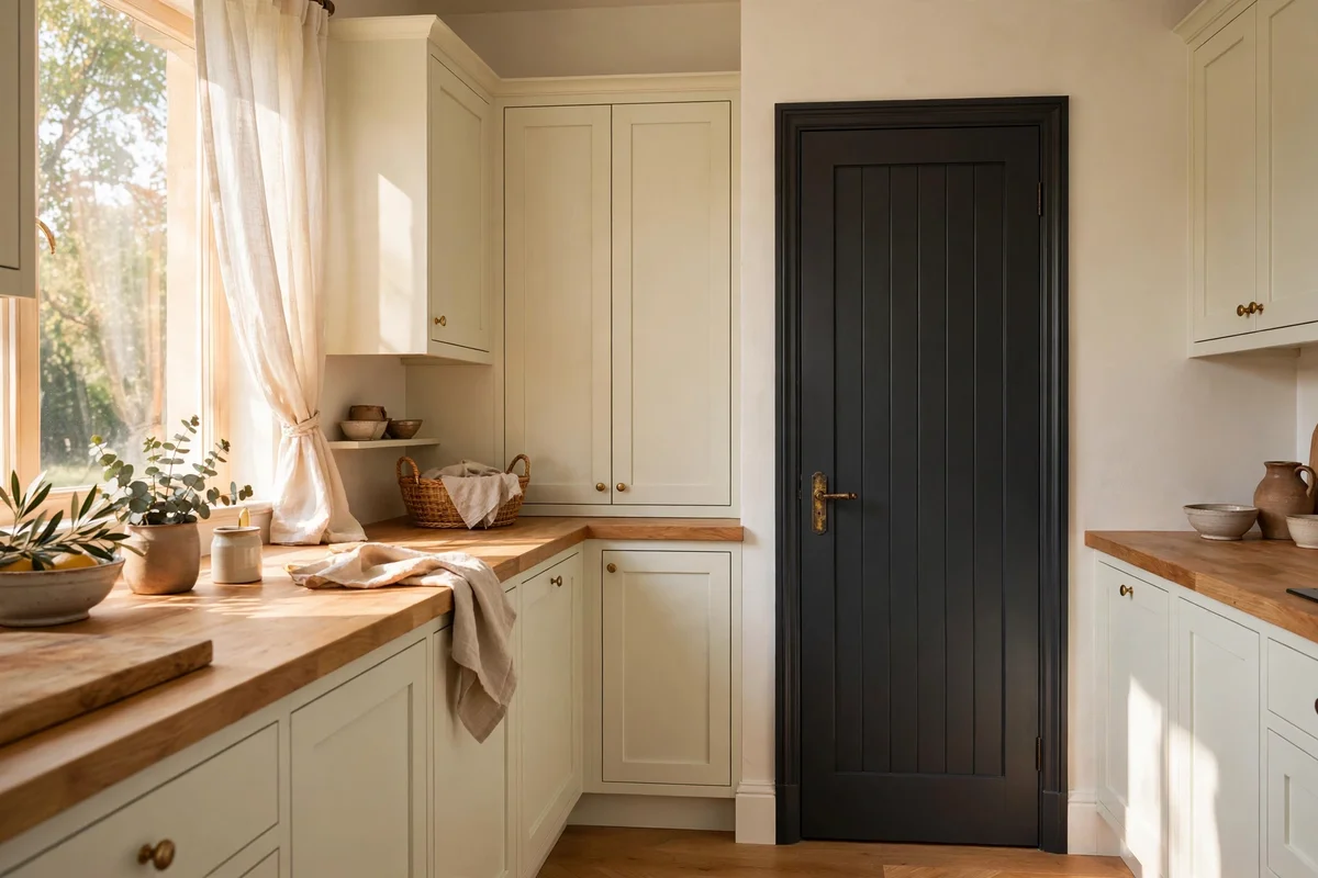 A bright cream kitchen with a single dark charcoal pantry door and brass handle