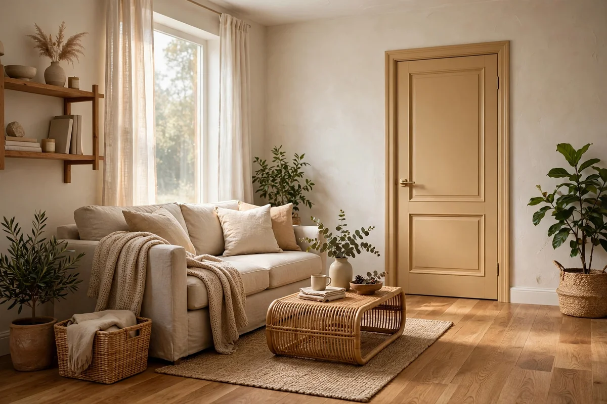 A living room with oak floors and a door painted warm honeyed beige echoing the floor